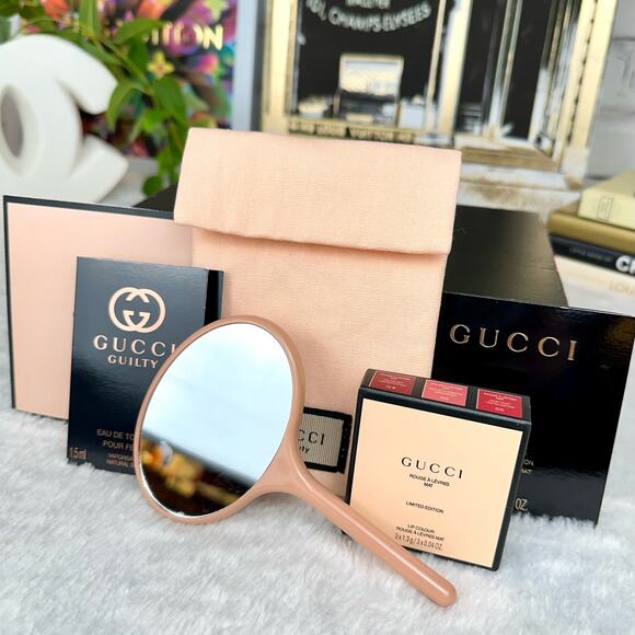 Gucci beauty pink handheld mirror, mini lipstick trio set with Gucci sam… - Picture 3 of 5